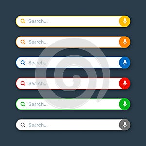 Various search bar templates. Internet browser engine with search box, address bar and text field. UI design, website