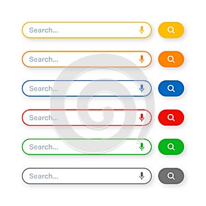 Various search bar templates. Internet browser engine with search box, address bar and text field. UI design, website
