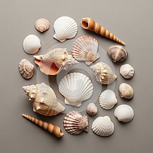 Various seashells arranged in a circular pattern on a smooth