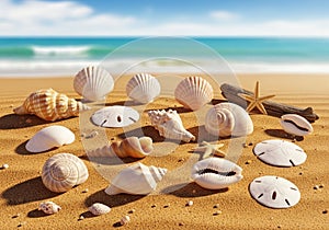 Various seashells and sand dollars (Clypeasteroida) are artistically
