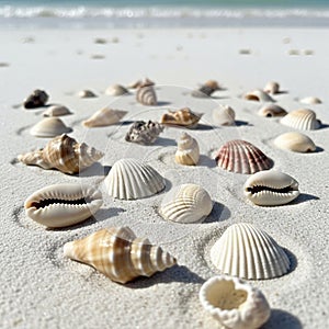 Scattered across a sandy beach, including cowries, conchs, and scallo