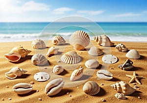 Various seashells are scattered on golden sand with a clear blue
