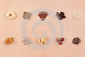 Various seeds and nuts flat lay