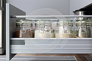 Various seeds in storage jars in hutch, white modern kitchen in background. Smart kitchen organization