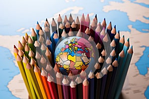 Various shades of color pencils frame a vibrant and worldly globe