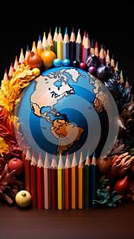 Various shades of color pencils frame a vibrant and worldly globe