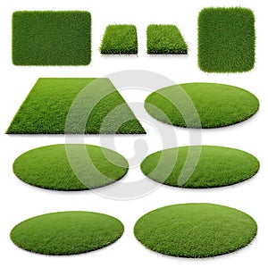 Various shapes of artificial grass samples isolated on white background