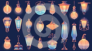 Various shapes and designs of floor and ceiling glowing electric bulbs, incandescent modern chandelier lightbulbs