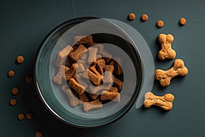 Various shapes of dog treats in a teal bowl on a dark green background, top view, ideal for use in pet supplies