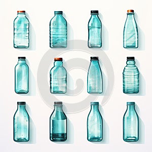 Various shapes and sizes plastic water bottles collection, isolated on white background