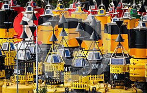 Various shipping buoys stored in th Port of Rotterdam