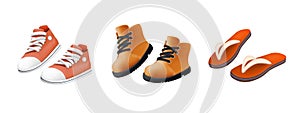 Various Shoes icons collection. Boots, sport shoes, sneaker, hiking footwear and other shoes for training 3D. Icons set