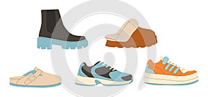 Various Shoes icons collection. Boots, sport shoes, sneaker, hiking footwear and other shoes for