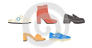 Various Shoes icons collection. Boots, sport shoes, sneaker, hiking footwear and other shoes for training. Women shoes