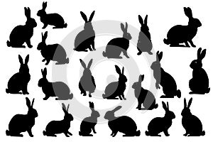 Various silhouettes easter bunnies isolated on white background. Set different