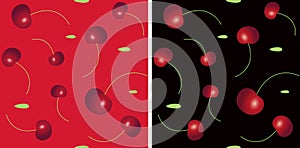 Various size rotated cherries seamless pattern on red and black background. Vector illustration.