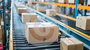 Various sized boxes moving on a conveyor belt in a warehouse