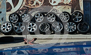 Various sized and shaped tyre wheels in the view