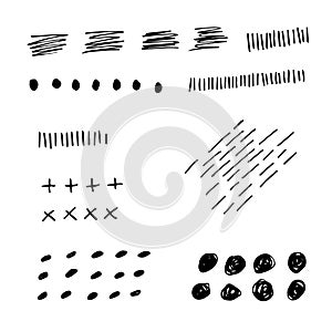 Various sketchy doodle hapes and objects. Freehand black lines and dots. Grunge style. Hand drawn abstract vector set.