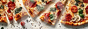 Various sliced pizzas arranged in a line photo