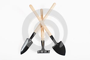 Various small gardening tools close-up on a white background, top view