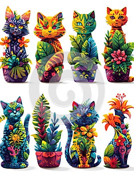 Various small to mediumsized cats adorned with potted plants in colorful hues photo