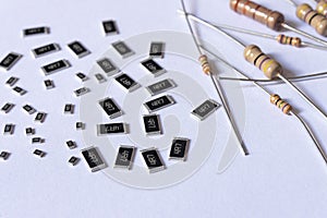Various smd and through hole resistors, electronic components