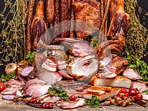 Various smoked pork meat