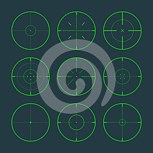 Various sniper rifle night sights, weapon optical scope crosshair. Hunting gun green viewfinder. Shooting mark symbol