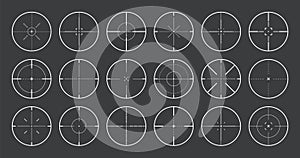 Various sniper rifle sights, weapon optical scope crosshair. Hunting gun viewfinder. Shooting mark symbol, aim. Military