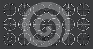 Various sniper rifle sights, weapon optical scope crosshair. Hunting gun viewfinder. Shooting mark symbol, aim. Military