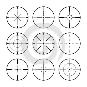 Various sniper rifle sights, weapon optical scope crosshair. Hunting gun viewfinder. Shooting mark symbol, aim. Military