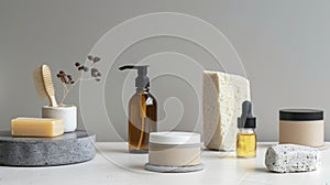 A Tranquil Oasis: Soaps and Dispensers Adorning a Chic Counter photo