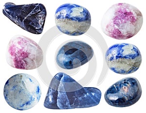 Various sodalite gem stones isolated on white