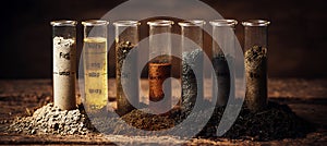 Soil samples in glass tubes for analysis and testing in laboratory environment for scientific research