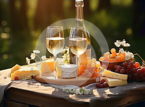 Various sorts of cheese, grapes and two glasses of the white wine