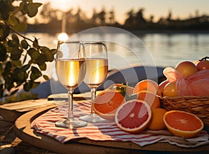 Various sorts of cheese, grapes and two glasses of the white wine