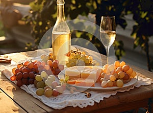 Various sorts of cheese, grapes and two glasses of the white wine