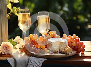 Various sorts of cheese, grapes and two glasses of the white wine