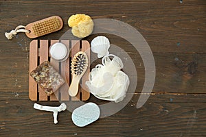 Various spa items on a wooden background