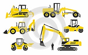 Various special vehicles for road construction. Stylish simplified icons. Excavators, rollers and bulldozers