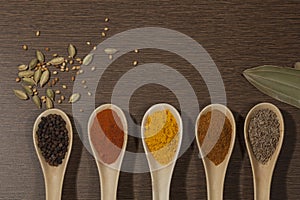 Various spices in ceramic spoon on wooden backgound
