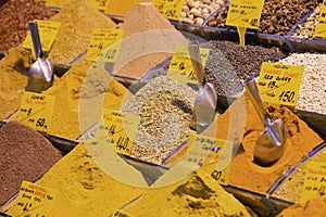 Various spices on a counter on the Grand Bazaar