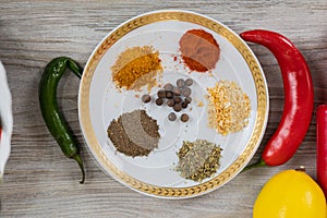 Various spices. Culinary background with selective focus
