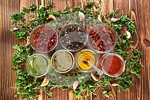 Various spices for dishes on wooden boards, camera from above