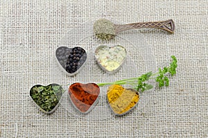 Various spices in heart chaped containers on a tablecloth
