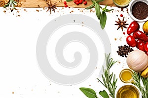 various spices and herbs are arranged around a wooden cutting board