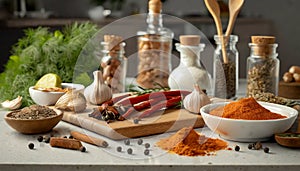 various spices, herbs and spices on a kitchen tabletop for food preparation
