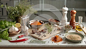 various spices, herbs and spices on a kitchen tabletop for food preparation