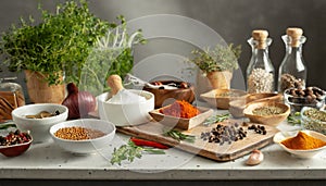 various spices, herbs and spices on a kitchen tabletop for food preparation